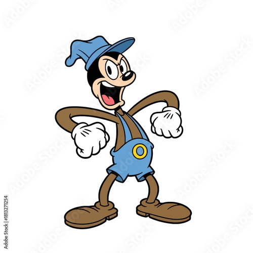 Classic cartoon character with an angry expression, wearing blue overalls and a matching hat, standing with clenched fists.