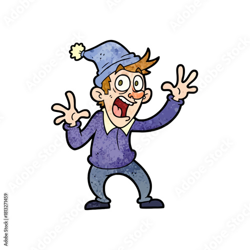 Cartoon illustration of a man in a blue nightcap with a terrified and panicked expression.