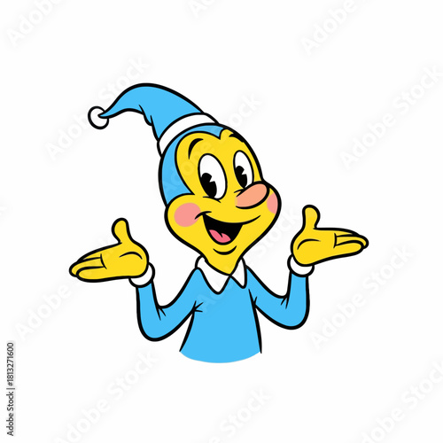 A cheerful cartoon elf character with yellow skin and a blue outfit shrugging its shoulders on a white background.