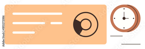 Circular chart and analog clock next to simple textual layout for productivity, analysis, scheduling. Ideal for data presentation, time tracking, workflow planning, organization, reporting, visual