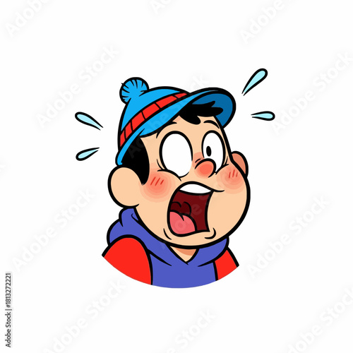 Cartoon boy with wide eyes and open mouth showing a shocked or scared expression, wearing a blue beanie and hoodie.