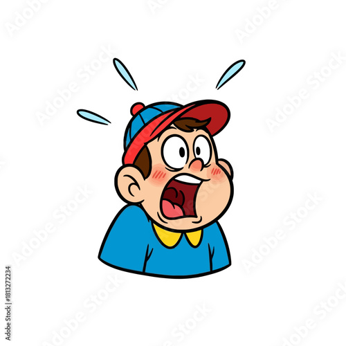 A cartoon boy with a shocked expression and wide open mouth, wearing a blue shirt and a red and blue cap.
