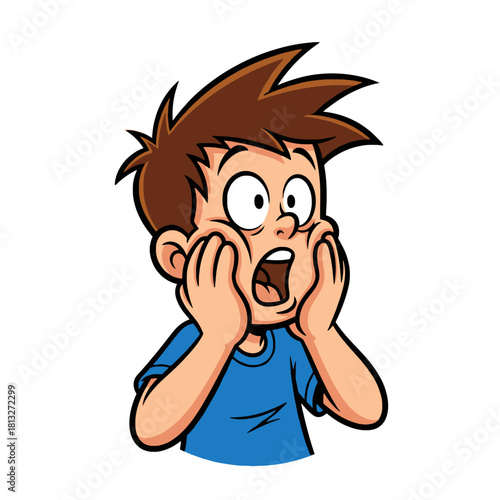 Cartoon illustration of a young boy with brown hair looking shocked and surprised, hands on his face.