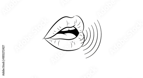 Minimalist line art vector of lips speaking with sound waves.