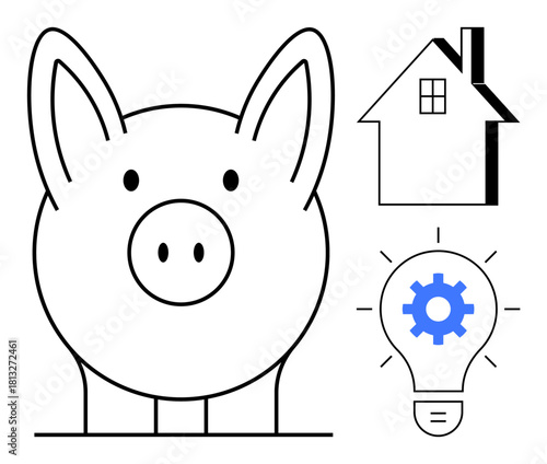 Piggy bank, house, and lightbulb with gear represent savings, financial planning, homeownership, and innovation. Ideal for finance, investment, real estate technology sustainability cost-saving