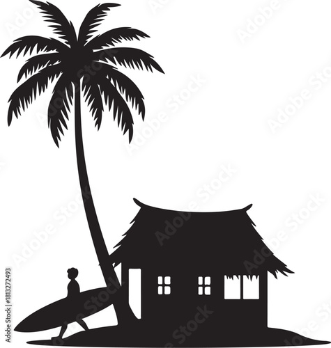 Black silhouette of palm tree hut and surfer on white background