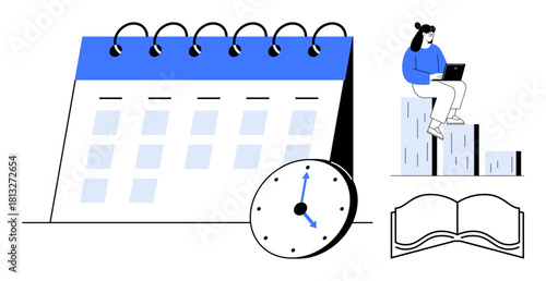 Calendar with marked dates, clock highlighting timekeeping, person on bar graph with laptop, open book nearby. Ideal for productivity, planning, education, scheduling, deadlines organization focus