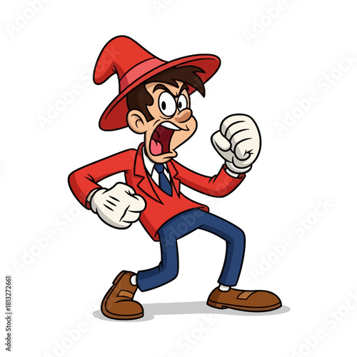 An enraged cartoon man wearing a red hat and jacket, clenching his fists and shouting loudly with an open mouth, depicting strong anger.