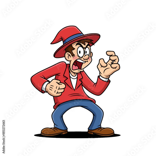 An angry cartoon man wearing a red hat and jacket, shouting in frustration with his hands up.