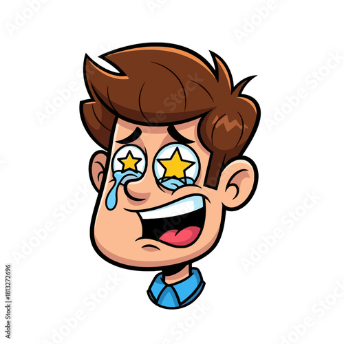 Cartoon illustration of a happy man with tears and star-shaped eyes, expressing joy.