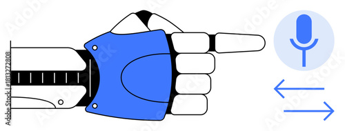Robotic hand pointing toward voice recognition icon with arrows representing interaction and communication. Ideal for AI, robotics, technology, automation, innovation, voice command, future concepts