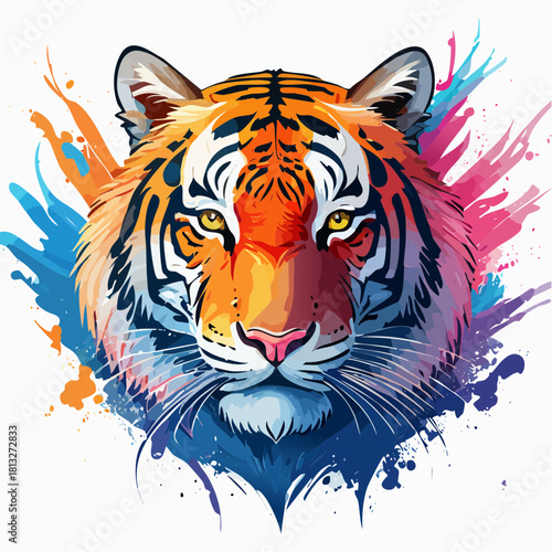 Vibrant Watercolor Tiger Portrait Majestic Wildcat with Colorful Splashes on White Background
