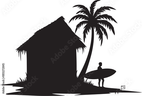 Black silhouette of thatched hut palm tree and surfer