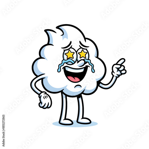 A cartoon whipped cream character crying tears of joy with stars in its eyes.