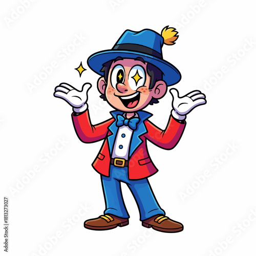 A cheerful cartoon showman character in a blue hat and red jacket making a grand gesture.