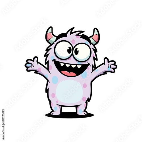 A cute and friendly purple cartoon monster with spots and horns, smiling happily with arms outstretched.