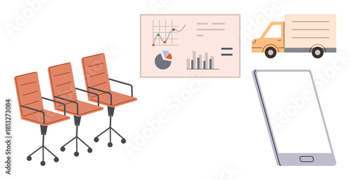 Office chairs, chart panel with analytics, truck for logistics, and smartphone for communication. Ideal for business, technology, logistics, remote work, teamwork productivity flat design concept