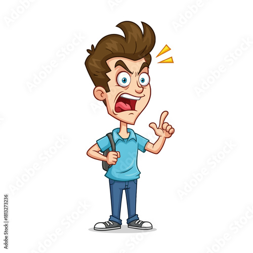 Cartoon illustration of an angry young man with brown hair, pointing and yelling.