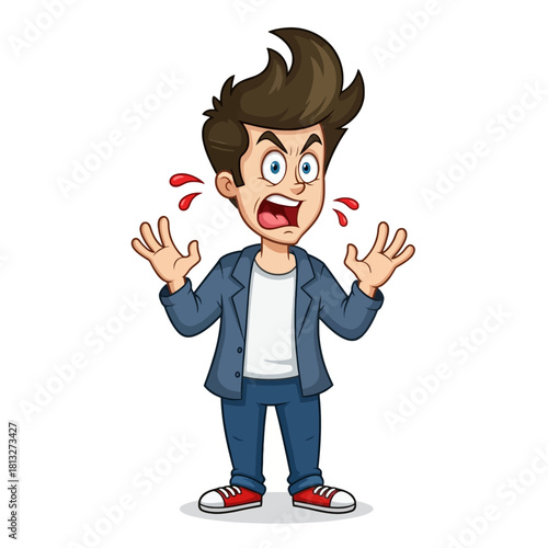 Cartoon illustration of an angry man shouting with wide eyes and raised hands, expressing extreme frustration.