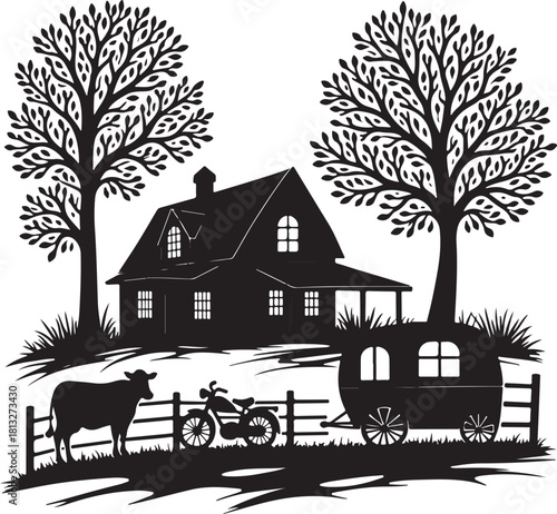 Silhouette farm scene with house trees cow motorcycle and caravan