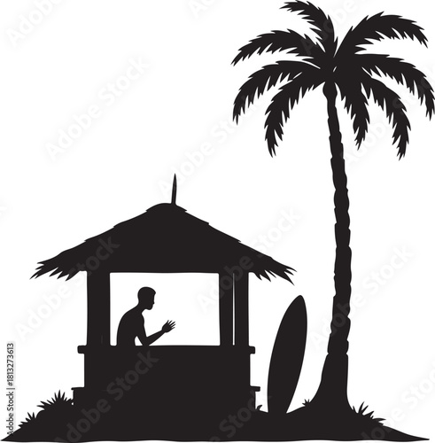Silhouette of a person in a hut with a surfboard and palm tree