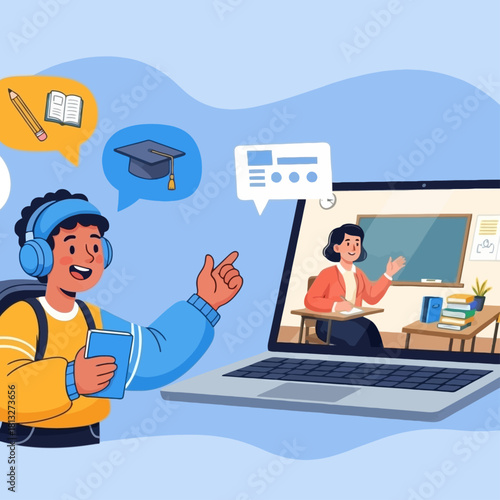 Young student engaged in online learning with a laptop and virtual teacher, surrounded by educational icons.