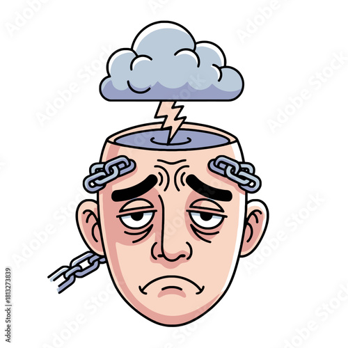 A cartoon illustration of a tired, sad person's head with a storm cloud and lightning striking into it, and chains wrapped around, symbolizing mental distress and burden.