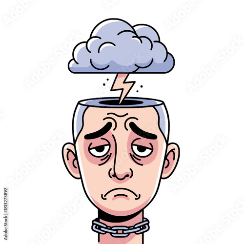 Illustration of a person with a storm cloud and lightning inside their head, depicting mental distress, sadness, and feeling trapped.