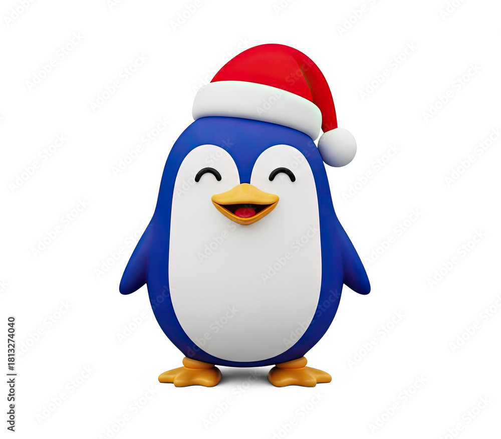 Obraz premium A blue penguin wearing a red Santa hat, standing on a png transparent.