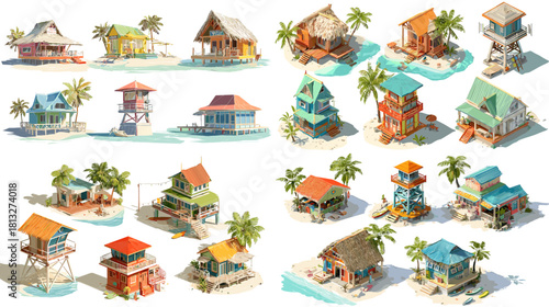 Collection of tropical beach houses with wooden stilts, palm trees, vibrant roofs, and seaside settings. Perfect for vacation themes, island illustrations, and summer design projects.
