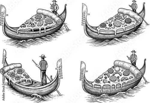 Engraved Venetian Gondola Pizza Slice Vector Illustration Set Featuring Vintage Nautical Food Art Concept