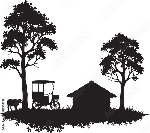 Silhouette of a rural scene with trees a hut and a rickshaw