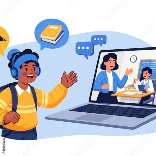 A student engages in virtual learning with a teacher and classmate displayed on a laptop screen.