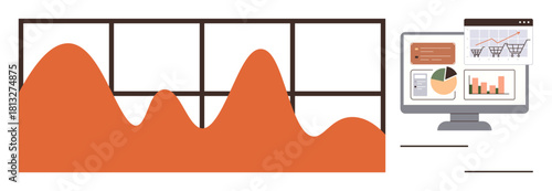 Graph spikes, shopping cart stats, pie chart, and computer screen with analytics. Ideal for business, marketing, e-commerce, reporting, data analysis strategy simple flat metaphor