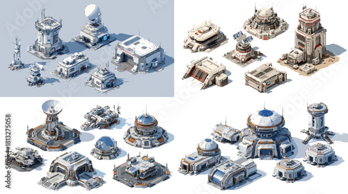Set of futuristic sci fi buildings and space base structures including domes, command centers, research labs, towers, and advanced facilities. Perfect for game design and sci fi worldbuilding.