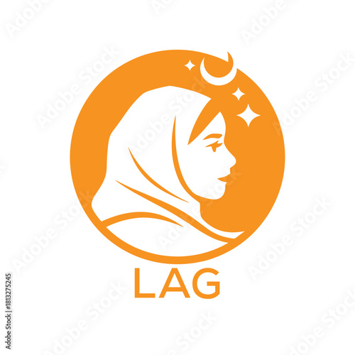 LAG Islamic Hijab Woman Logo. LAG Design with Crescent Moon and Stars. LAG Muslim Female Silhouette Icon.
