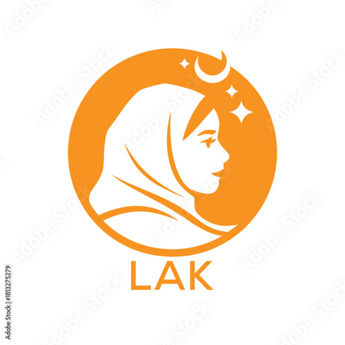 LAK Islamic Hijab Woman Logo. LAK Design with Crescent Moon and Stars. LAK Muslim Female Silhouette Icon.
