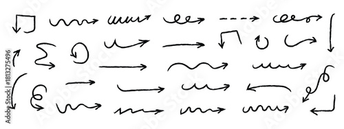 Hand drawn squiggly arrows scrapbook icon vector. spiral, straight, curved and wavy arrows symbol. vector illustration.