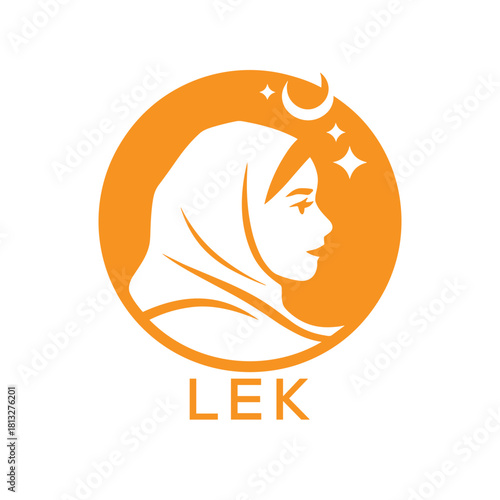 LEK Islamic Hijab Woman Logo. LEK Design with Crescent Moon and Stars. LEK Muslim Female Silhouette Icon.
