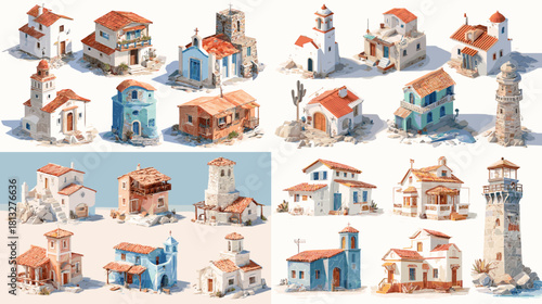 Collection of Mediterranean coastal houses featuring white walls, red roofs, lighthouses, chapels, and seaside buildings. Ideal for travel themes, game assets, and architectural illustrations.
