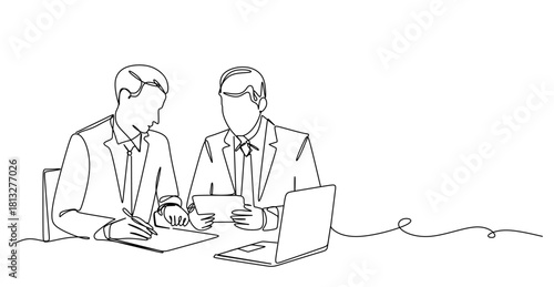 Continuous one line drawing businessman and woman having a discussion. Business activities concept. Single line draw design vector graphic illustration.Hand drawn one line vector. Editable stroke