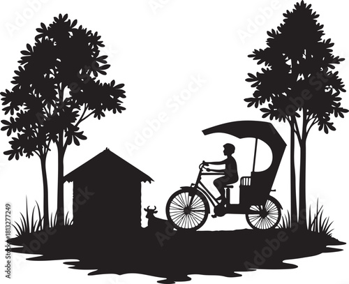 Silhouette of rickshaw driver near hut and trees person