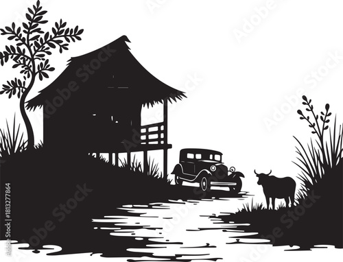 Silhouette of stilt house car and cow by water thatched roof
