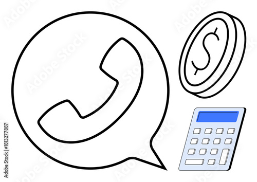 Phone in speech bubble, coin, calculator emphasizing communication, finance, budgeting, customer service, cost estimation, business planning, creative flat design simple flat metaphor