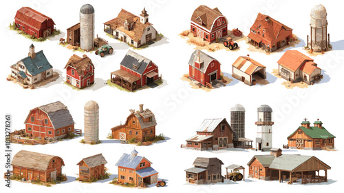Set of rural farm buildings including barns, silos, stables, storage houses, and countryside structures. Perfect for agriculture themes, village design, and farming illustrations.