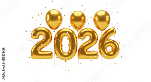Golden 2026 Balloon Numbers with Confetti and Floating Gold Balloons for New Year Celebration Decoration