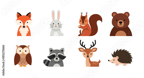 Cartoon forest animals collection fox rabbit squirrel bear owl raccoon deer hedgehog