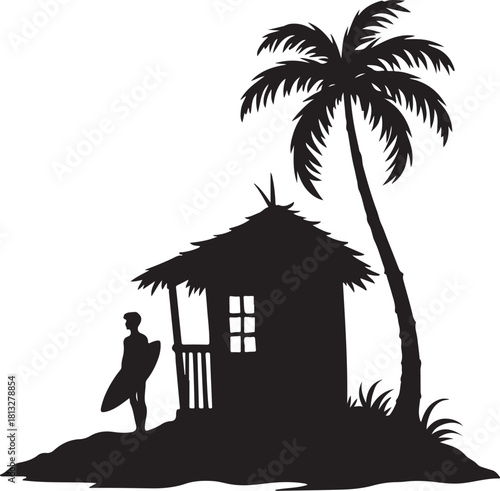 Silhouette of surfer standing by hut under palm tree