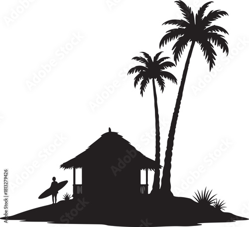 Silhouette of surfer with surfboard next to hut and palm trees