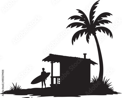 Silhouette of surfer with surfboard next to beach hut and palm tree